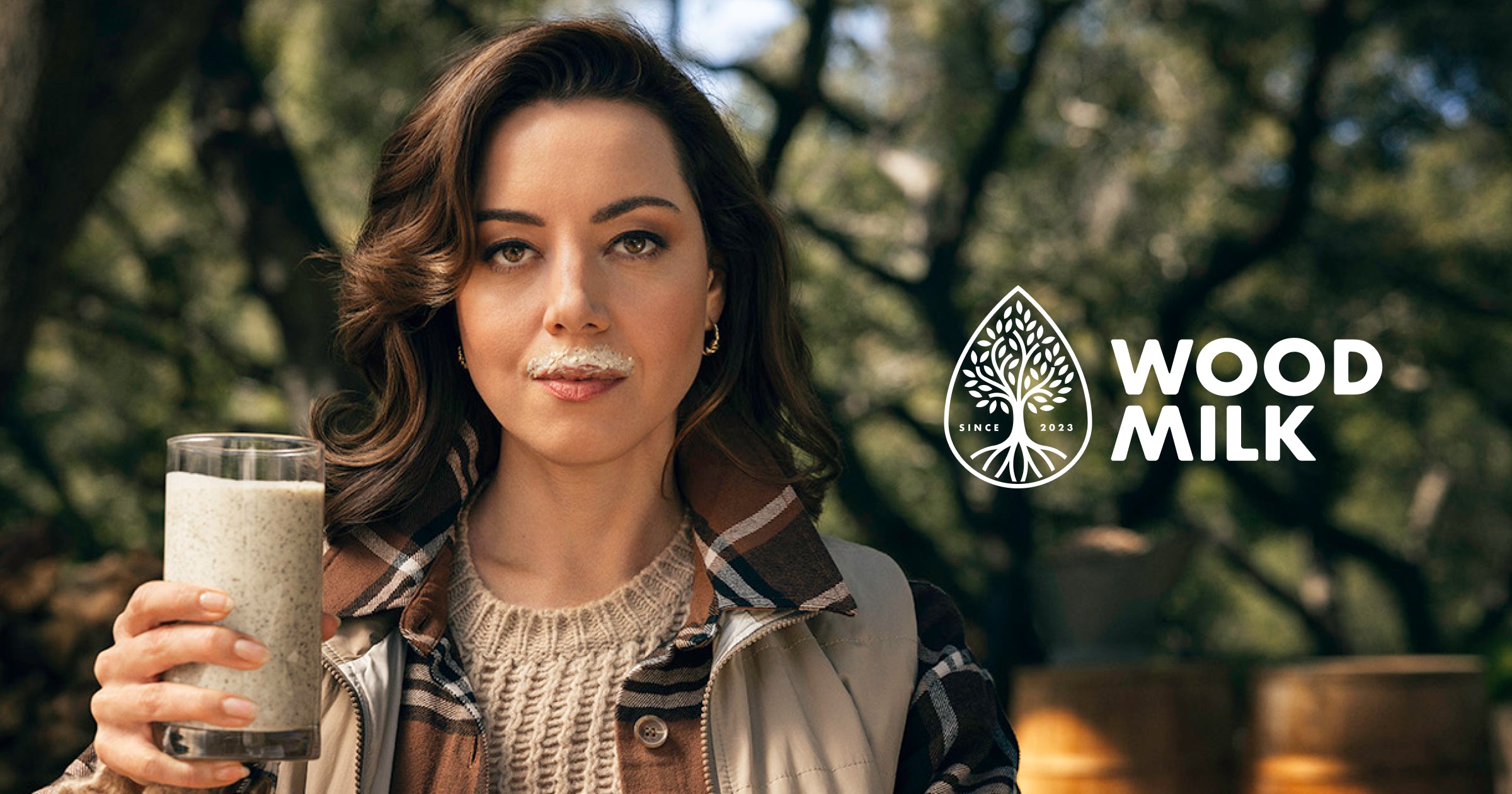 Aubrey plaza drinking wood milk
